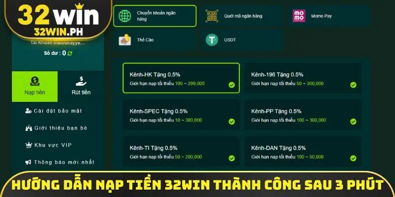 Nạp Tiền 32WIN Hướng dẫn cách nạp tiền 32WIN thành công sau 3 phút
